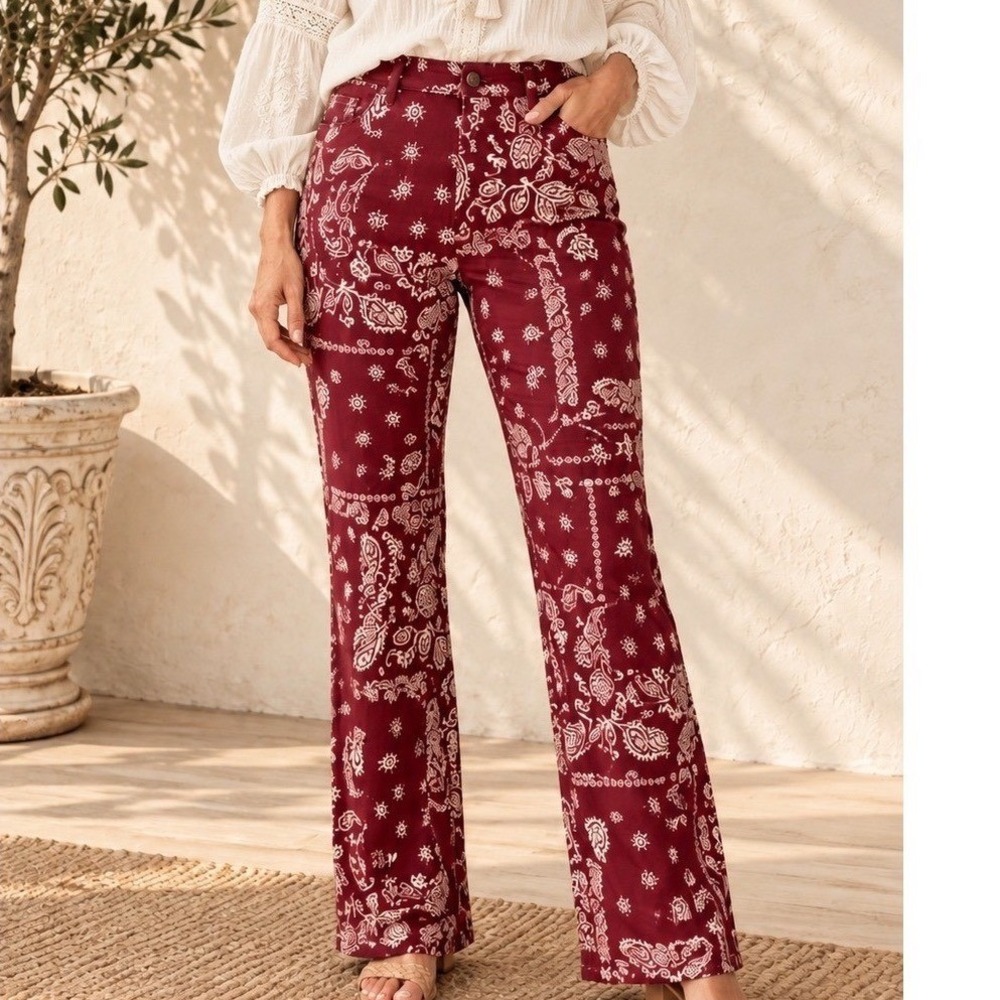 Burgundy Paisley Bandana Print High Waisted Wide Leg Pants XL Boho Western